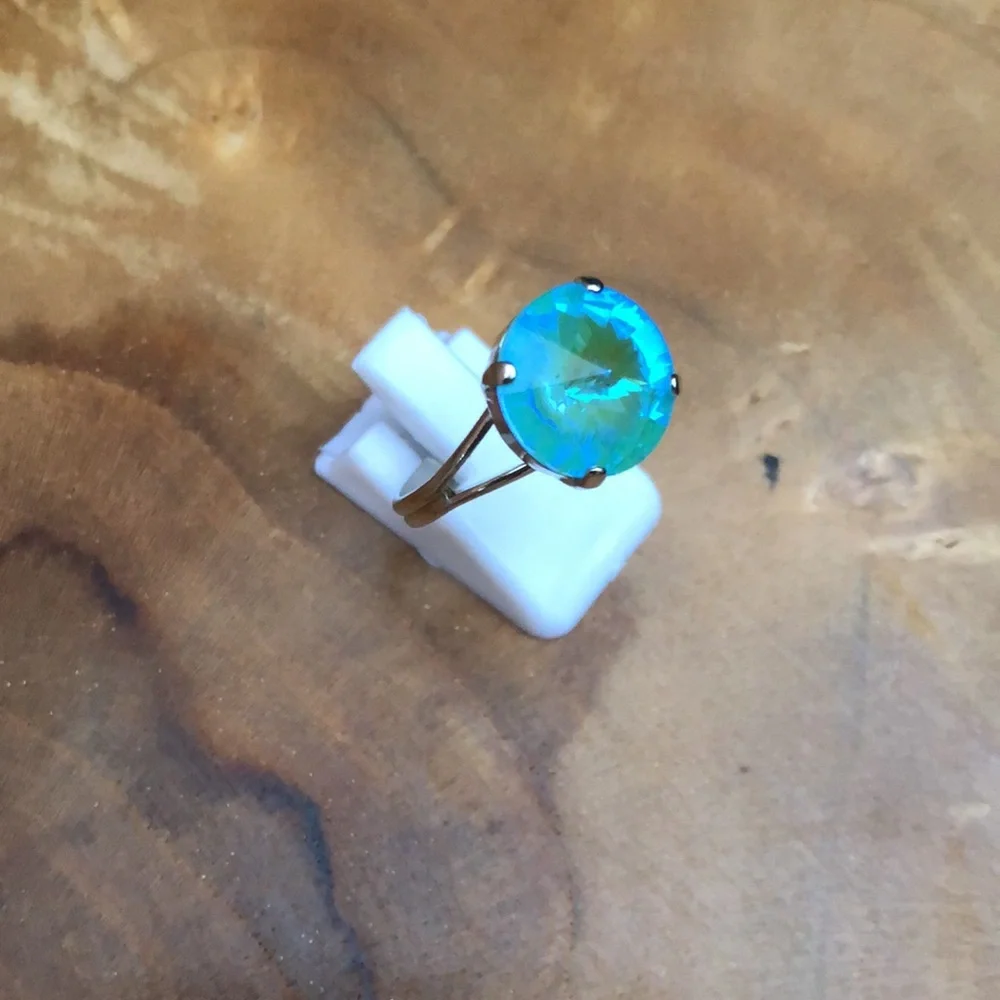 Aquamarine Aurora Borealis + Silver Rivoli Crystal Ring